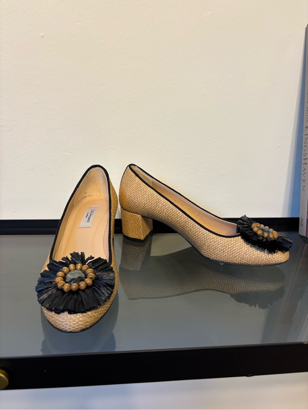 LK Bennett Natural Straw Pumps with Black Tassel and Wood Beads